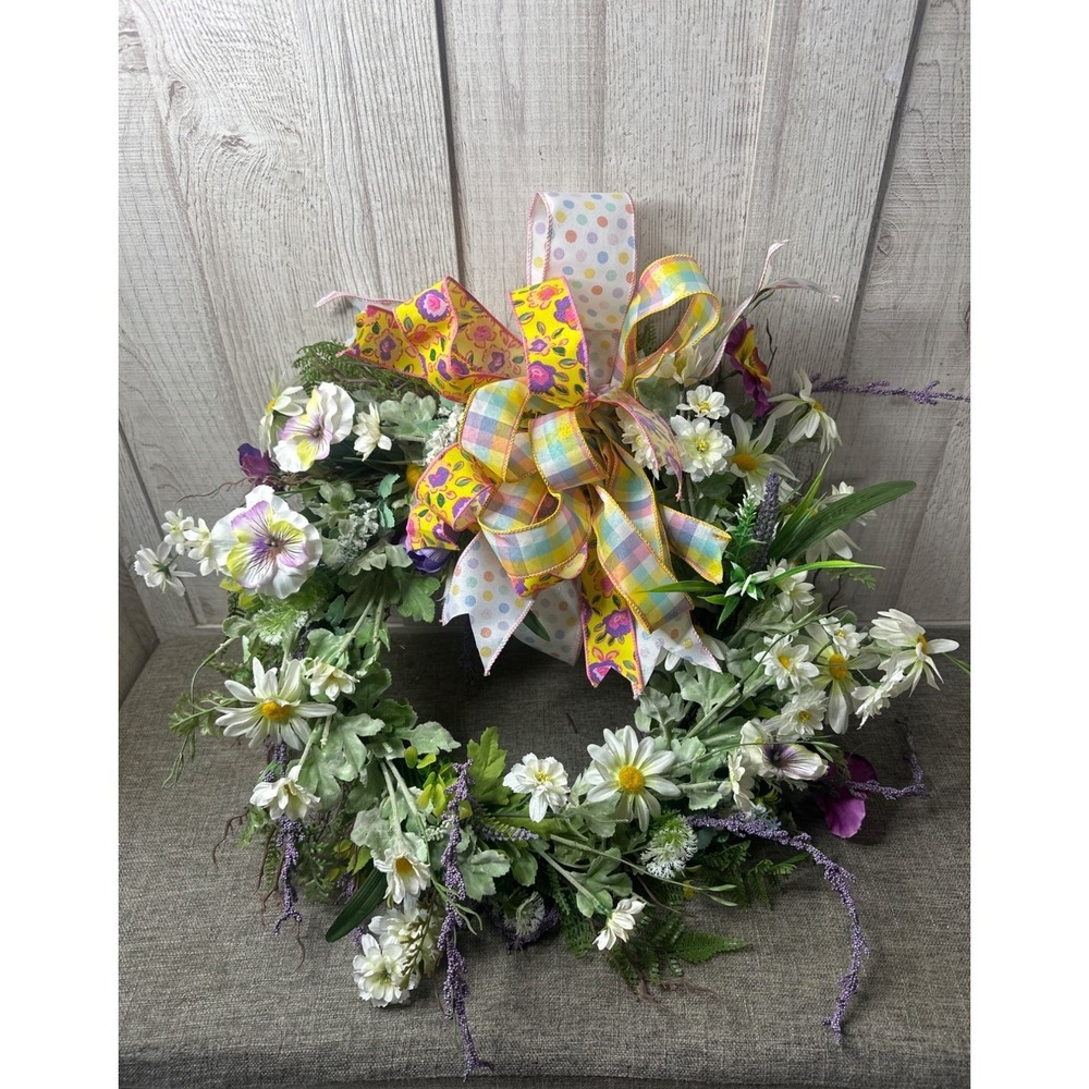Handmade Spring Floral Grapevine Wreath w/ Multicolor Ribbon Bow Faux Greenery